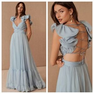 NEW Mac Dugall 67911 Ruffle Tiered Cut Out Chiffon Gown Powder Blue NWT
